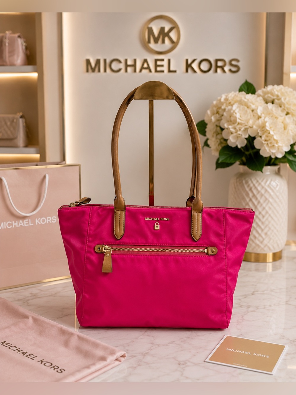 Michael Kors Kelsey Medium Nylon Tote Hot Pink Shoulder Bag EUC - Picture 1 of 12